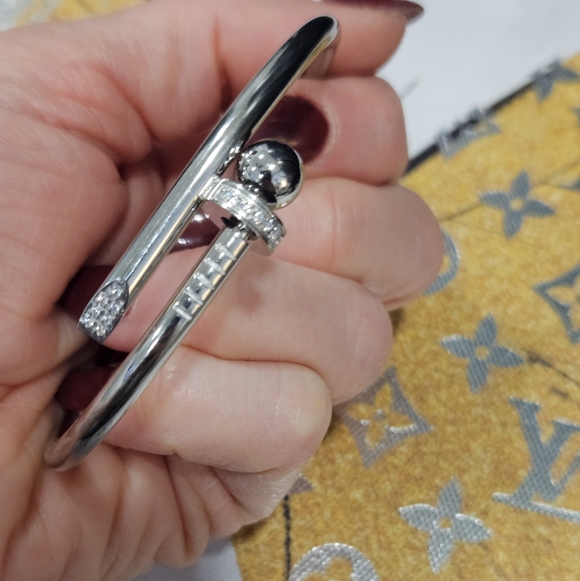 NEW Stainless Steel Silver-Tone Bent Nail Bangle Bracelet with Crystal Accents - Picture 6 of 6